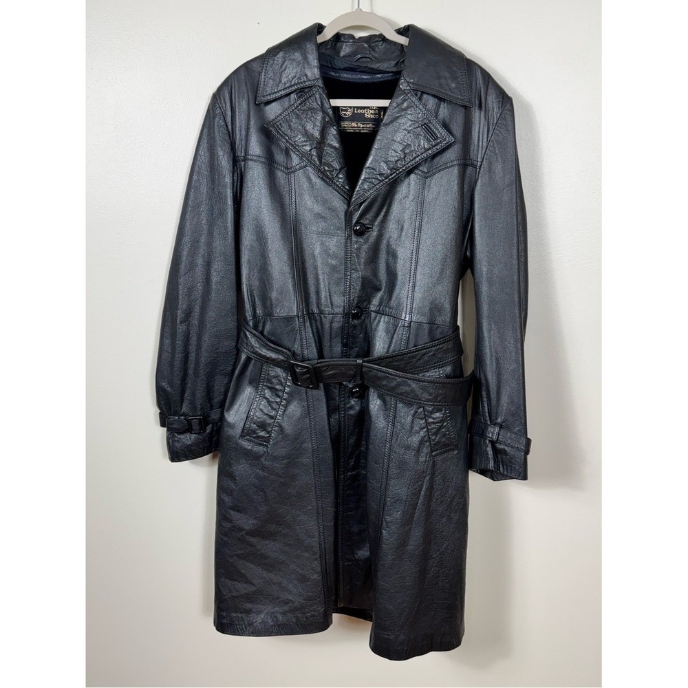 Vintage 70s Sears The Leather Shop Mens Leather Belted Trench Coat 40R Black